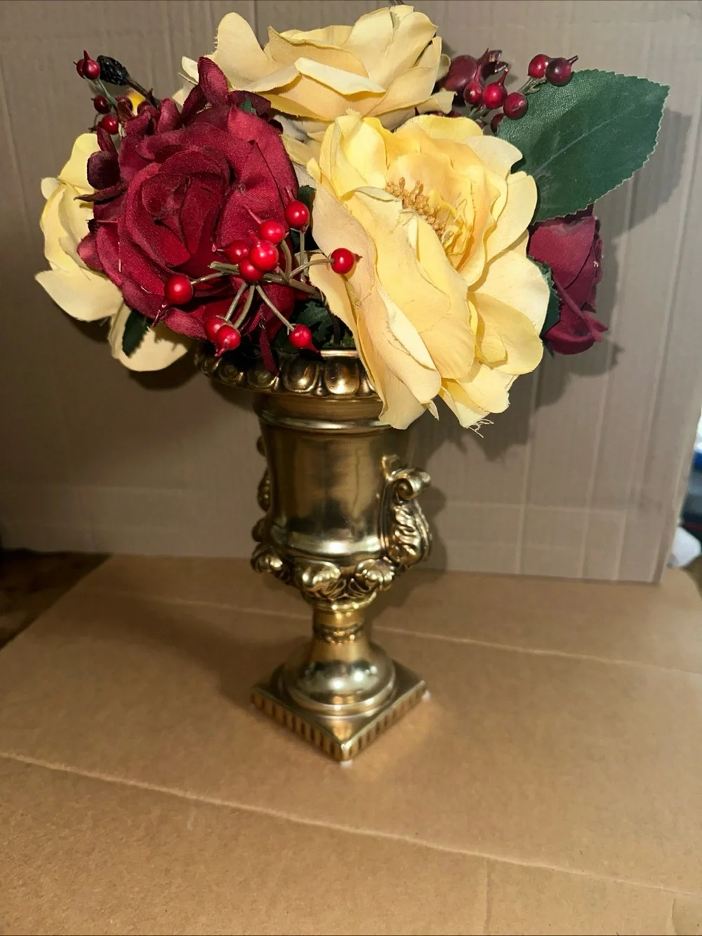 Bombay Red and Yellow Faux Floral Arrangement in Gold ceramic Urn 12”